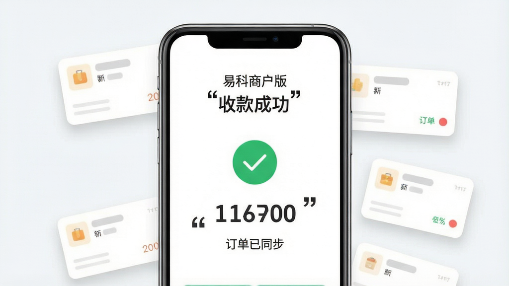 一张表现易科商户版收款功能的场景图,主体为手机屏幕展示收款成功页面,屏幕中央有绿色对勾图标与金额数字,周围环绕着代表订单的小卡片元素,布局为手机居中、卡片环绕式分布,风格为清爽商务风,细节上卡片带有浅色阴影与圆角,屏幕内文字用引号标注“易科商户版”“收款成功”“订单已同步”,画质清晰,画面干净,无多余元素