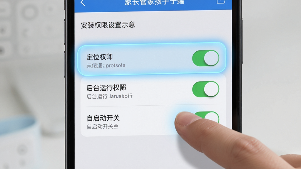 家长管家孩子端安装权限设置示意,画面为手机设置界面特写,高亮显示定位权限、后台运行权限、自启动开关,主体为手机屏幕与手指点击动作,布局居中,风格为写实科技风,细节包括权限开关、文字标签、高亮光效,画质清晰,干净,无多余元素