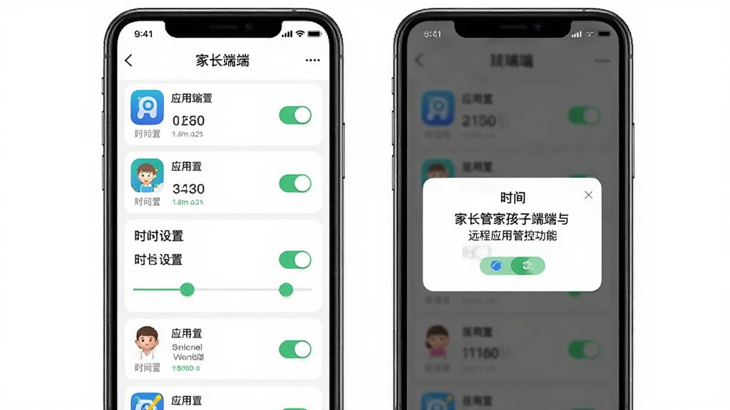 家长管家孩子端远程应用管控功能示意,画面左侧为家长端手机界面显示应用列表与时长设置滑块,右侧为孩子端手机屏幕出现时间提醒弹窗,主体为两部手机并排展示,布局左右对照,风格简洁明快的UI风格,细节包括应用图标、时间数字、开关按钮,画质清晰,干净,无多余元素