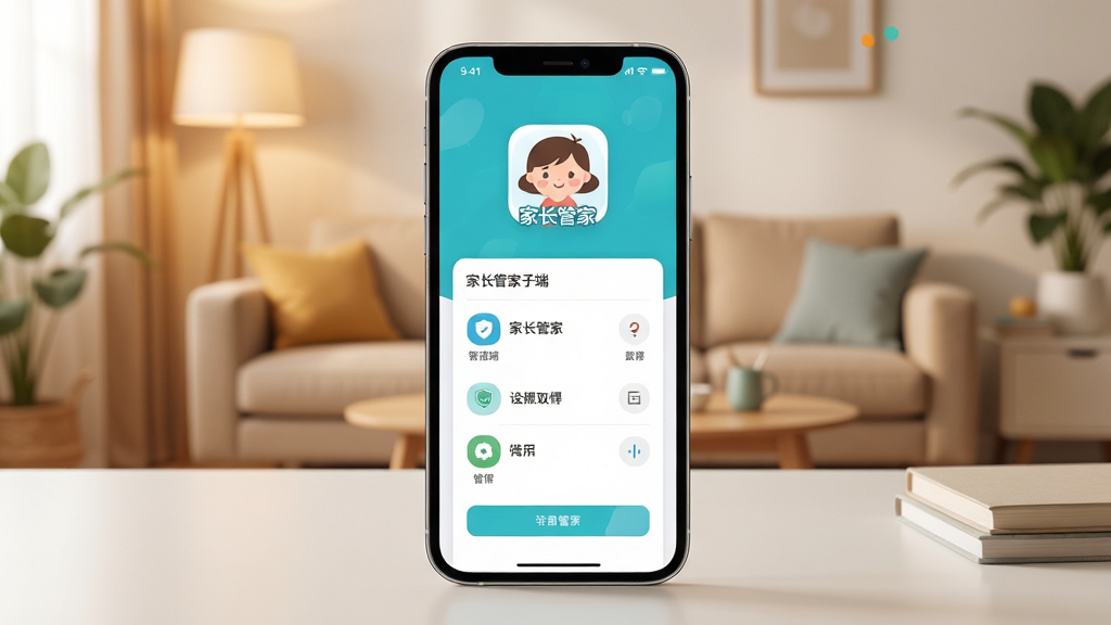 家长管家孩子端应用主界面展示,画面中央是一部智能手机,屏幕上显示家长管家孩子端的图标与简洁的管控面板,背景为温馨的家庭客厅场景,主体突出手机与软件界面,布局居中,风格为现代扁平化科技风,细节包括柔和的光线、清晰的应用图标、干净的桌面,画质高清,干净,无多余元素