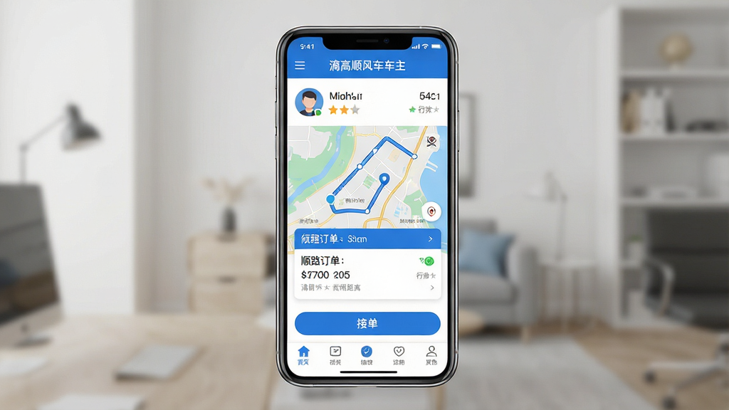 一张手机应用界面展示图,画面中央是一部竖屏智能手机,屏幕上显示滴高顺风车车主的主页,页面顶部有“滴高顺风车车主”文字标题,中间是地图路线与顺路订单卡片,底部有接单按钮和导航栏,整体布局干净清晰,采用蓝白配色风格,界面细节包含头像、评分、行程距离等信息,画质高清,干净无多余元素