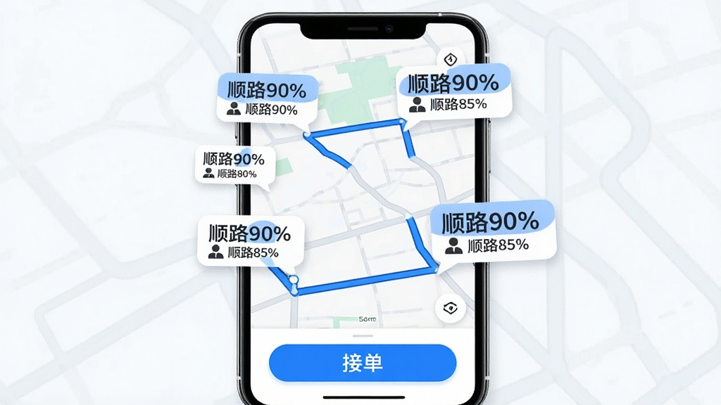一张滴高顺风车车主顺路匹配功能的界面示意图,画面主体为手机屏幕,屏幕内展示地图上一条蓝色路线,路线两侧分布着多个乘客订单气泡,气泡中带有“顺路90%”“顺路85%”等文字标签,底部有“接单”按钮,布局简洁,风格清爽,蓝白配色,画质高清,干净无多余元素