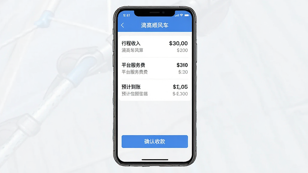 一张滴高顺风车车主费用结算页面的手机截图风格示意图,画面中央为手机屏幕,屏幕内显示订单费用明细列表,包含“行程收入”“平台服务费”“预计到账”等文字项,下方有“确认收款”按钮,整体排版整齐,采用浅色背景与蓝色强调色,画质高清,干净无多余元素