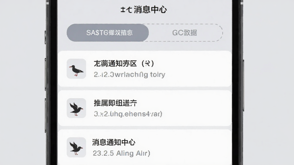 海鸥推手消息通知中心界面,手机屏幕展示通知列表,每条通知带有小图标与简短文字说明,顶部有分类切换按钮,整体风格简约,背景为浅灰色,画质清晰无噪点