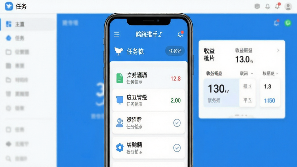 海鸥推手软件主界面截图,画面中央展示手机屏幕,屏幕内呈现任务列表与收益概览面板,布局简洁清晰,采用扁平化设计风格,主色调为蓝白搭配,细节处包含图标与数字卡片,画质干净明亮,无多余元素