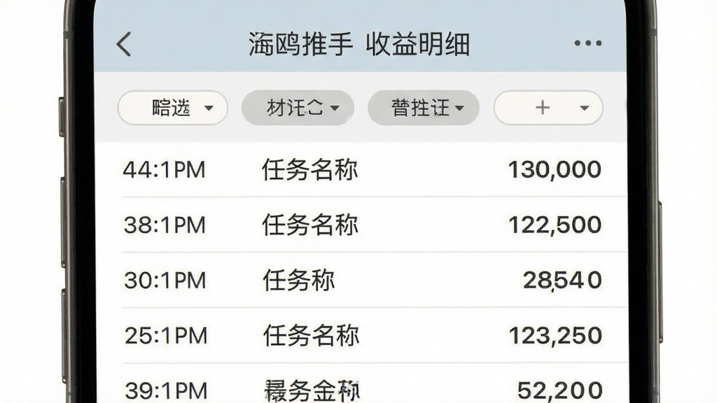 海鸥推手收益明细页面,手机屏幕显示列表式账目记录,每行包含时间、任务名称与金额数字,顶部有筛选标签,界面风格素雅,配色柔和,文字清晰可辨,画质干净整洁