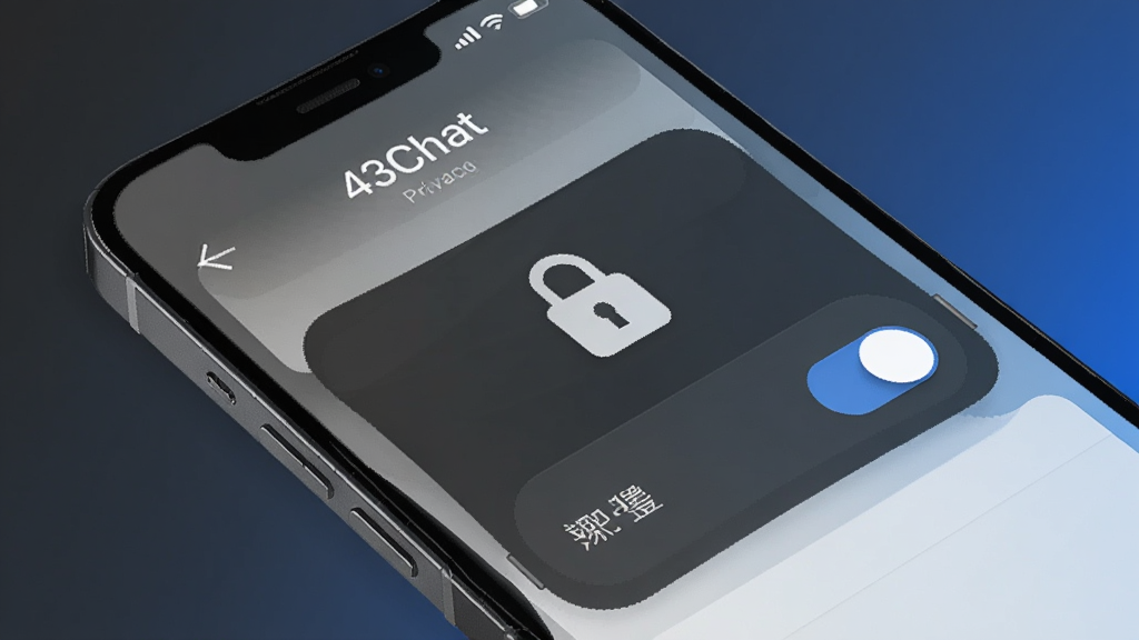 一部手机屏幕显示“43Chat”的隐私设置页面,页面中有锁形图标和开关按钮,背景是深灰色与蓝色渐变,风格科技感,布局清晰,细节精致,画质干净,无多余元素