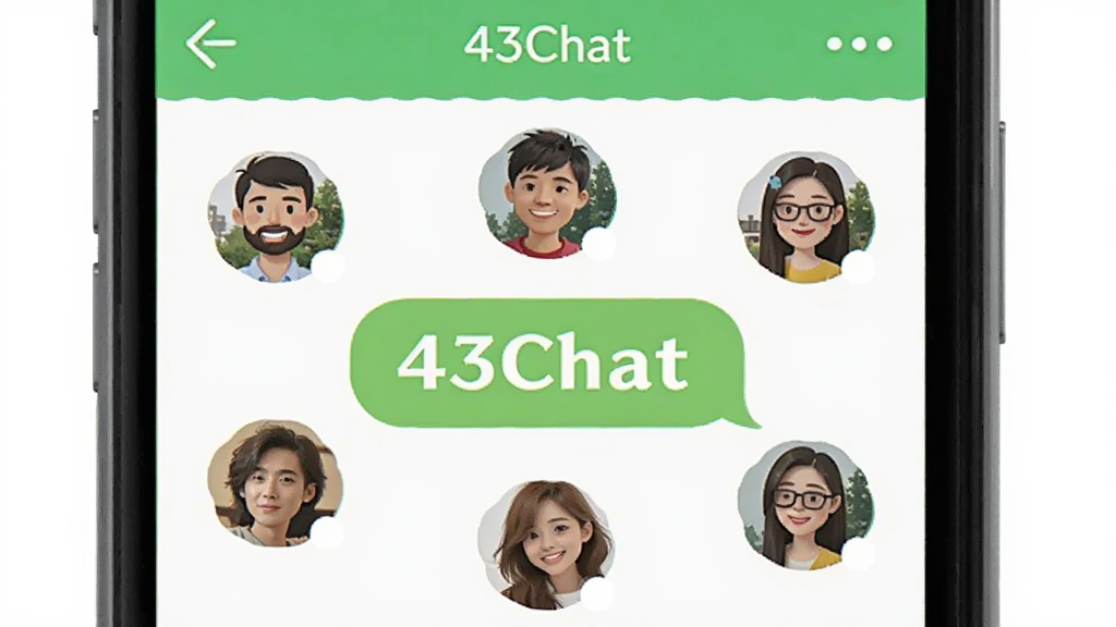 一部手机屏幕展示“43Chat”群组聊天界面,多个用户头像围绕一个中心聊天气泡,背景是浅绿色与白色,风格活泼友好,布局居中,细节清晰,画质干净,无多余元素