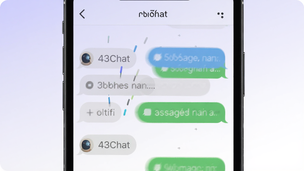 一部手机屏幕特写,画面中“43Chat”聊天界面正在快速发送消息,聊天气泡从屏幕底部向上飞出,背景是淡紫色与白色渐变,风格扁平化,布局简洁,细节清晰,画质干净,无多余元素