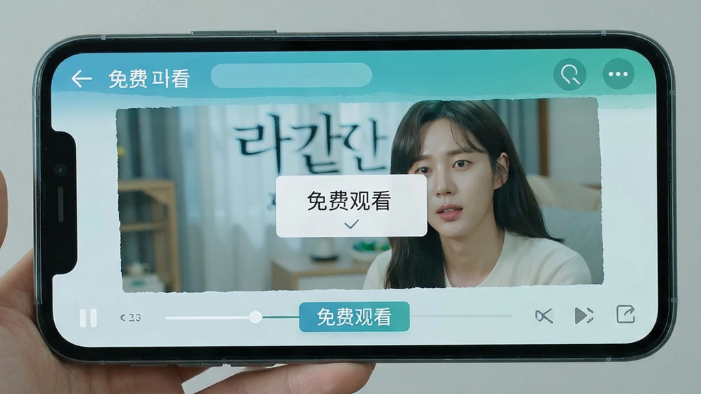 免费韩剧无会员免费观看界面,手机屏幕显示播放页面,画面中无付费弹窗,底部有“免费观看”标识,整体风格清爽,蓝绿色调,干净整洁