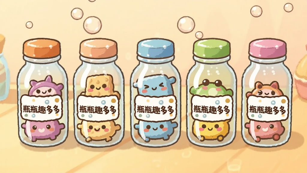 画面中央摆放一排透明玻璃瓶,每个瓶子里装着不同颜色的趣味小物件与卡通表情,瓶身带有“瓶瓶趣多多”字样标签,背景是柔和的暖色调桌面,主体突出,布局居中对称,排版简洁明快,风格为清新卡通插画,细节包含瓶盖高光、瓶内气泡与柔和投影,画质高清,干净,无多余元素