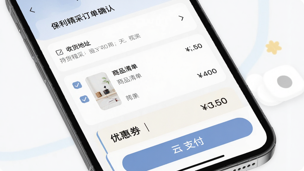 保利精采订单确认页面,手机屏幕显示收货地址、商品清单、优惠券和支付按钮,界面布局层次分明,配色柔和,细节处有勾选图标和价格汇总,风格简洁实用,画质清晰,干净,无多余元素