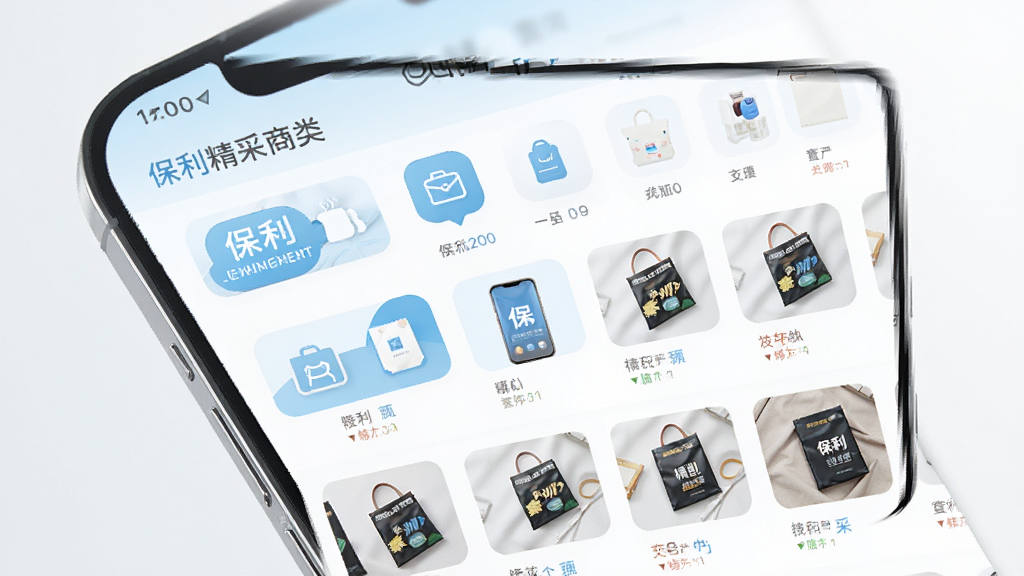保利精采商品分类页面,画面主体为手机屏幕,屏幕内显示多个商品分类图标和商品列表,图标排列整齐,商品图片清晰,界面风格清爽,主色为白色与浅蓝色,布局干净,画质清晰,无多余元素