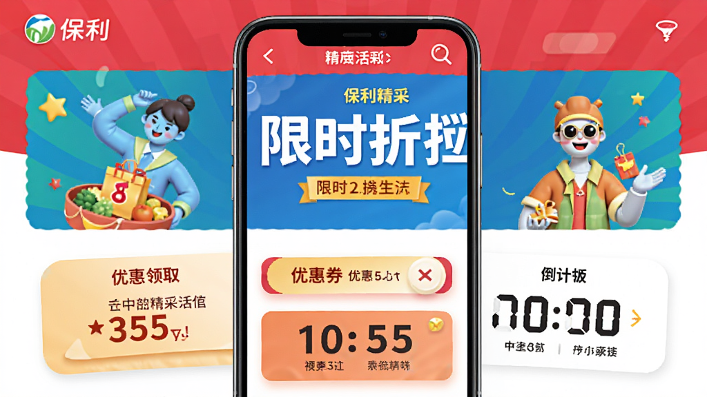 保利精采活动促销页面,手机屏幕展示限时折扣横幅、优惠券领取入口和倒计时模块,画面色彩鲜明但不过于花哨,重点突出优惠信息,布局紧凑有序,风格活泼,画质清晰,无多余元素