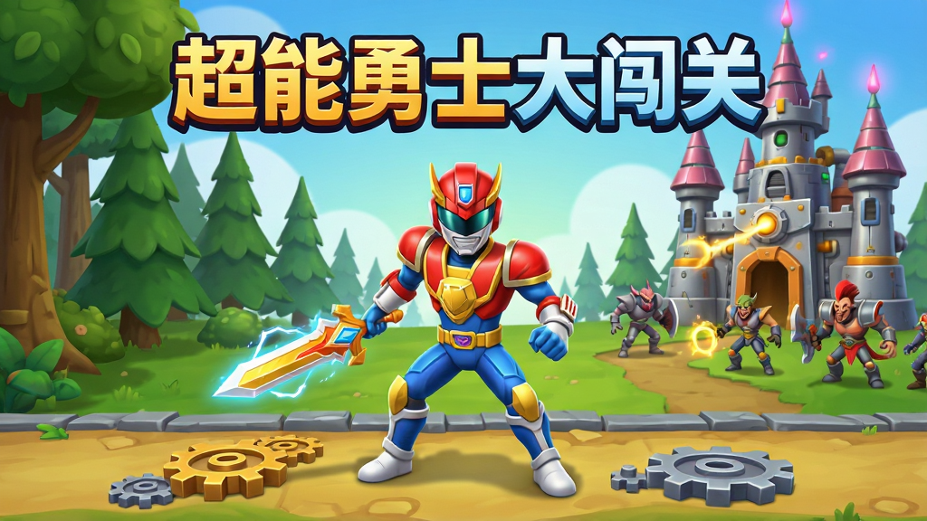 一幅展示超能勇士大闯关游戏全貌的宣传图,画面主体是一位身穿红蓝铠甲的超能勇士站在关卡中央,周围环绕着森林、机械城堡与能量光效,布局采用中心构图,上方用醒目标题写着“超能勇士大闯关”,风格为卡通3D渲染,细节包括勇士手中的能量剑、地面上的齿轮机关与远处等待挑战的敌人,画质高清,干净,无多余元素