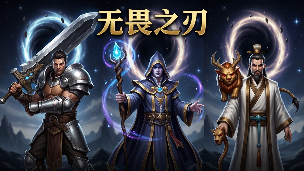 画面主体是三位并排而立的游戏角色,左侧是手持巨剑的战士、中间是法杖环绕的法师、右侧是带有神兽的道士,背景是悬浮的传送门与星空,画面顶部居中金色大字