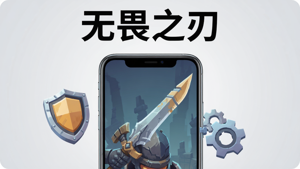 画面主体是一部智能手机屏幕显示无畏之刃游戏主界面,屏幕旁边漂浮着盾牌和齿轮图标代表安全与设置,背景是浅灰色渐变,画面顶部居中黑色大字