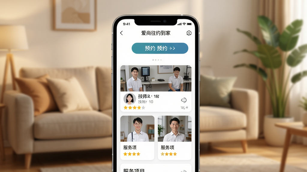 主体为一部智能手机,屏幕上显示爱尚往约到家APP的预约界面,界面中有技师列表和服务项目卡片;布局为手机居中放置,背景是温馨的居家客厅环境,有沙发和绿植;排版采用上下结构,手机占据画面主要位置;风格为现代简约写实风;细节包括手机屏幕上的文字“爱尚往约到家”、预约按钮、技师头像和星级评分,背景柔和暖光;画质清晰,干净,无多余元素