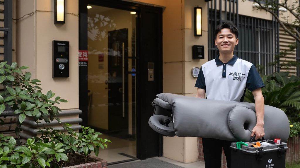 主体是一位穿着统一制服的技师提着折叠按摩床站在居民楼门口,面带微笑;布局为人物在画面右侧,左侧是楼栋门禁和绿植;排版采用左右结构;风格为真实生活摄影感;细节包括技师服装上的“爱尚往约到家”标识、手中的按摩工具箱、门口暖色灯光;画质清晰,干净,无多余元素