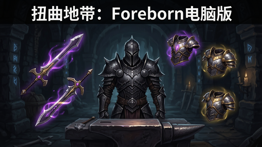 一张游戏内角色装备界面截图风格插画,画面主体为一名身穿暗黑铠甲的角色站在锻造台前,周围悬浮着数件不同品质的武器与护甲,武器表面有紫色与金色光芒流转,背景是幽暗的地牢场景,画面上方有“扭曲地带:Foreborn电脑版”标题文字,排版居中,暗黑奇幻风格,细节精致,画质清晰,干净无多余元素