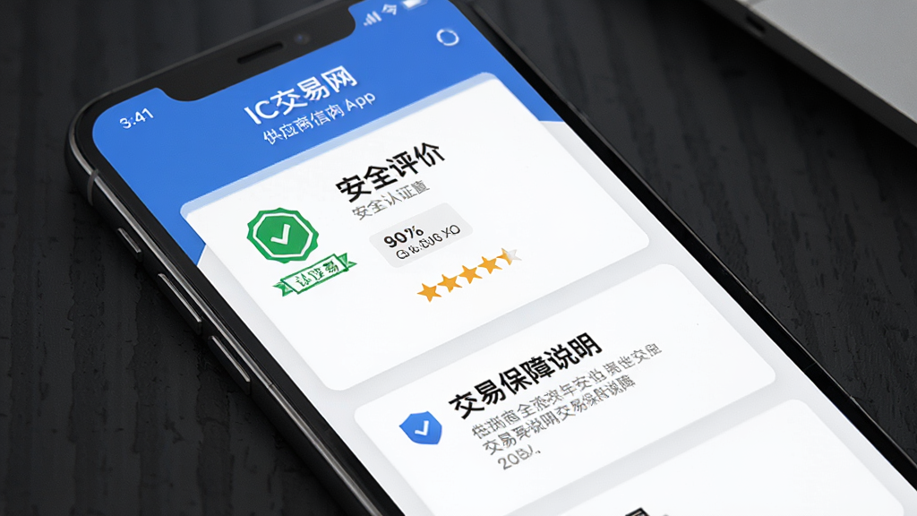 一张展示IC交易网App内供应商信用评价与安全认证页面的图片,主体为手机屏幕,布局为卡片式展示,排版整洁,风格专业可靠,细节包括认证标识、星级评分、交易保障说明,画质清晰,干净,无多余元素