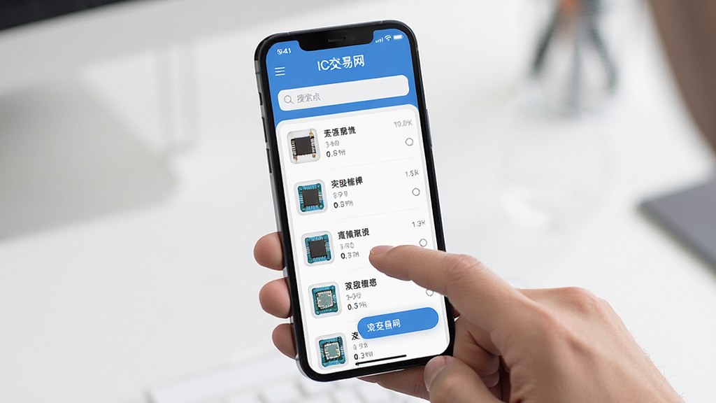 一张展示IC交易网App在手机端运行流畅、界面清晰的图片,主体为手持手机展示应用界面,布局居中,排版简洁,风格生活化,细节包括手指点击屏幕、元器件列表、搜索框,画质高清,干净,无多余元素