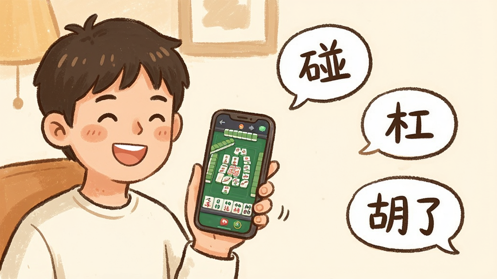 一张体现快麻方言配音特色的插画。画面左侧是一个拿着手机微笑的年轻人,手机屏幕显示麻将游戏界面,右侧飘出几个带有方言文字的对话框,如“碰”、“杠”、“胡了”。布局为左右对比。风格为温馨生活化手绘。细节包括温暖的色调和人物开心的表情。画质清晰,无杂乱背景。
