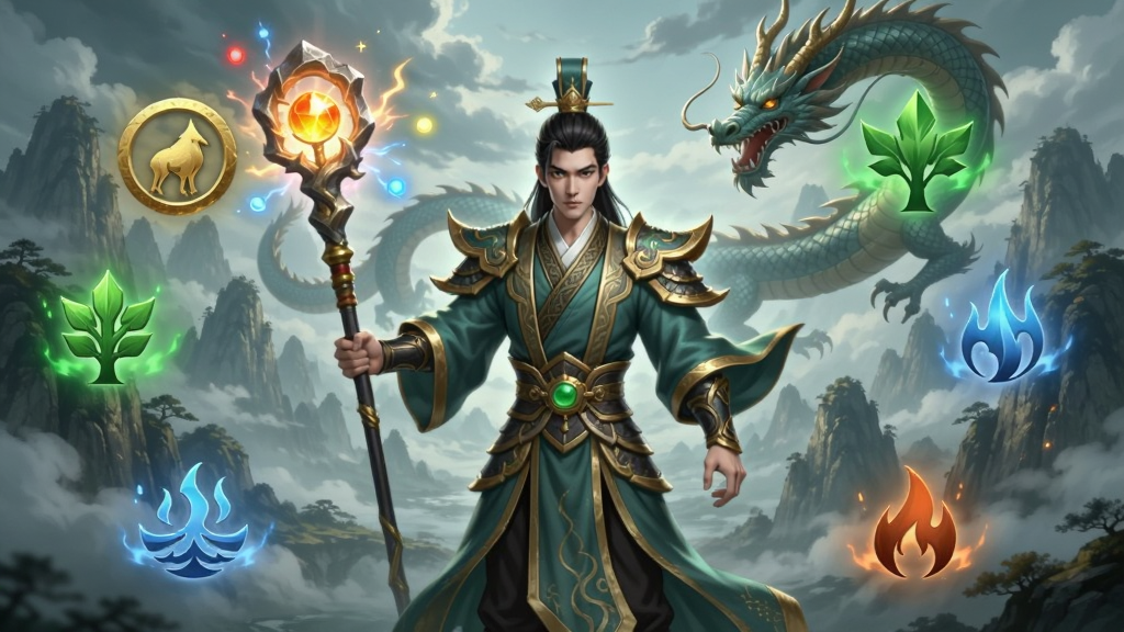 画面中央是一位身着东方玄幻风格战袍的角色,手持散发五行元素光芒的法杖,背后是云雾缭绕的巍峨山川与盘旋的巨龙,四周漂浮着金木水火土五种元素符号,整体色调以青绿和金色为主,画面布局采用中心对称构图,角色位于正中,元素符号环绕四周,风格为中国古典神话插画风格,细节上战袍纹理清晰、龙鳞层次分明、元素光芒有粒子效果,画质为高清游戏宣传图级别,干净无多余元素