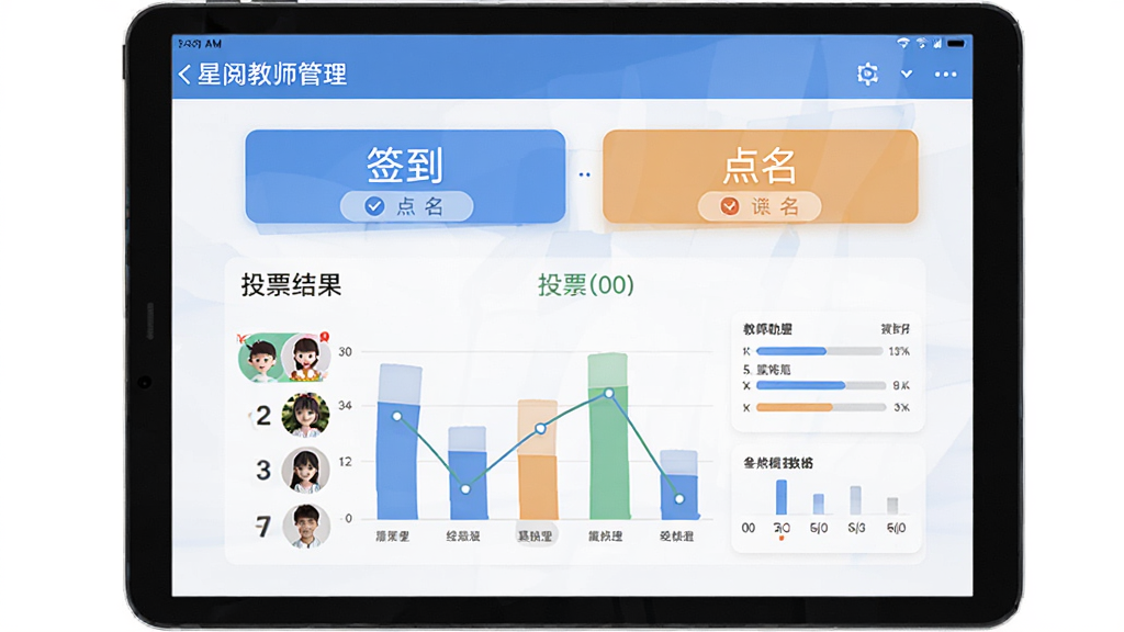 星阅教师助手课堂互动管理界面截图,画面主体为安卓平板屏幕展示互动功能面板,布局上方为签到与点名按钮下方为投票结果图表,排版直观明了,风格为互动教学类应用界面,细节包含学生头像列表与数据统计图形,画质高清,干净,无多余元素