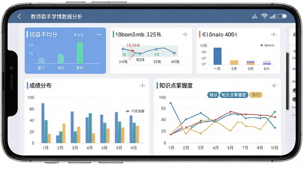 星阅教师助手学情数据分析界面截图,画面主体为安卓手机屏幕展示数据看板,布局上方为班级平均分卡片下方为柱状图与折线图,排版清晰专业,风格为数据分析类应用界面,细节包含成绩分布图表与知识点掌握度标签,画质高清,干净,无多余元素