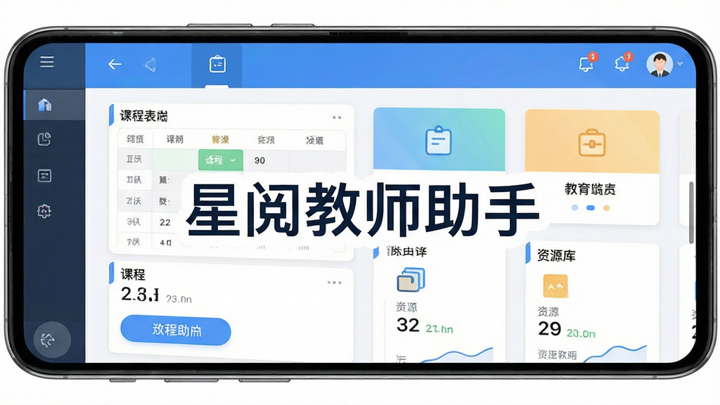 星阅教师助手软件主界面截图,画面中央展示软件名称“星阅教师助手”文字标识,主体为一部安卓手机屏幕显示教学管理面板,布局包含课程表模块与资源库入口,排版简洁清晰,风格为现代教育类应用UI,细节包含图标、功能按钮与数据卡片,画质高清,干净,无多余元素