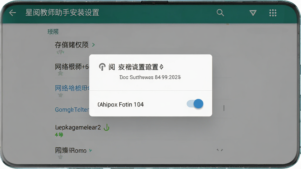 星阅教师助手安装设置界面截图,画面主体为安卓手机屏幕展示权限授权弹窗,布局中央为权限列表,排版简洁,风格为系统设置类界面,细节包含存储权限与网络权限开关按钮,画质高清,干净,无多余元素