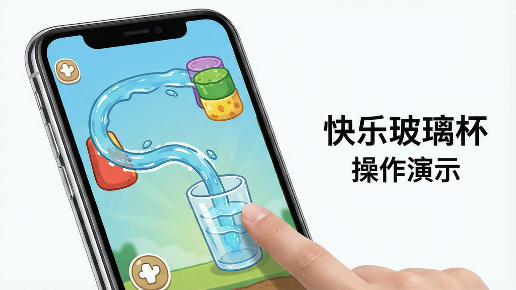 一张手机游戏操作示意图,画面展示一部智能手机屏幕,屏幕上显示快乐玻璃杯的游戏画面,一只手指正在屏幕上画线,线条引导水流绕过障碍物流入玻璃杯,布局为手机正面特写,风格为写实科技风,细节上手机边缘有光泽,屏幕内画面清晰,画质高清,干净无多余元素,画面旁边标注“快乐玻璃杯”操作演示