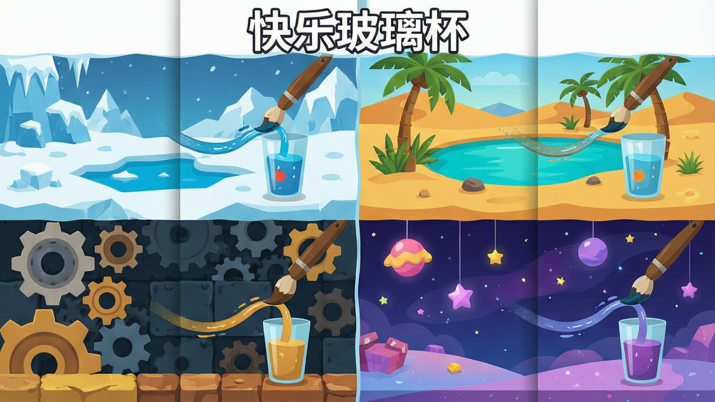 一张展现游戏多关卡界面的插图,画面被分割成四个小格子,每个格子展示不同主题的关卡场景,左上角是冰雪世界,右上角是沙漠绿洲,左下角是机械齿轮,右下角是梦幻星空,每个场景中都有一支画笔在绘制线条引导水流向玻璃杯,布局为整齐的四宫格排版,风格采用扁平化矢量插画,细节上每个场景色调各异但整体和谐,画质清晰,干净无杂质,画面上方标注“快乐玻璃杯”