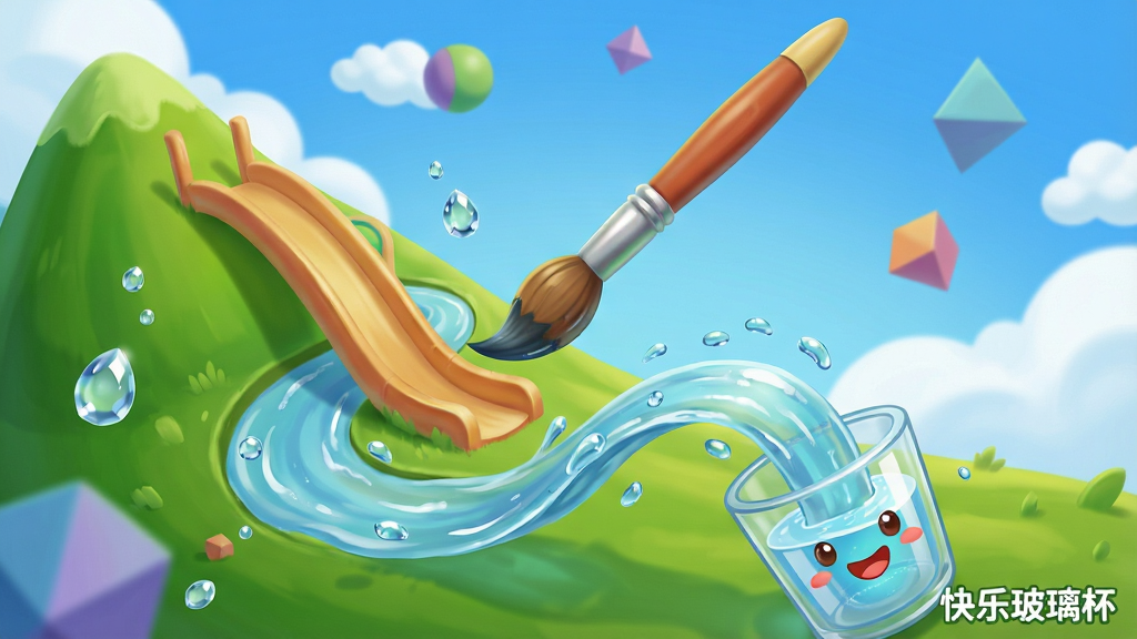 一个充满奇思妙想的物理世界场景,画面主体是一支悬浮在空中的神奇画笔,正在勾勒出绿色的山坡和弯弯曲曲的滑梯,清澈的水流顺着画出的轨迹欢快地流淌,最终落入下方一个带有笑脸的玻璃杯中,布局采用斜向构图增加动感,风格为色彩鲜艳的卡通渲染风,细节上水滴晶莹剔透,背景有蓝天白云和漂浮的几何图形,画质细腻,干净无多余元素,画面角落标注“快乐玻璃杯”文字