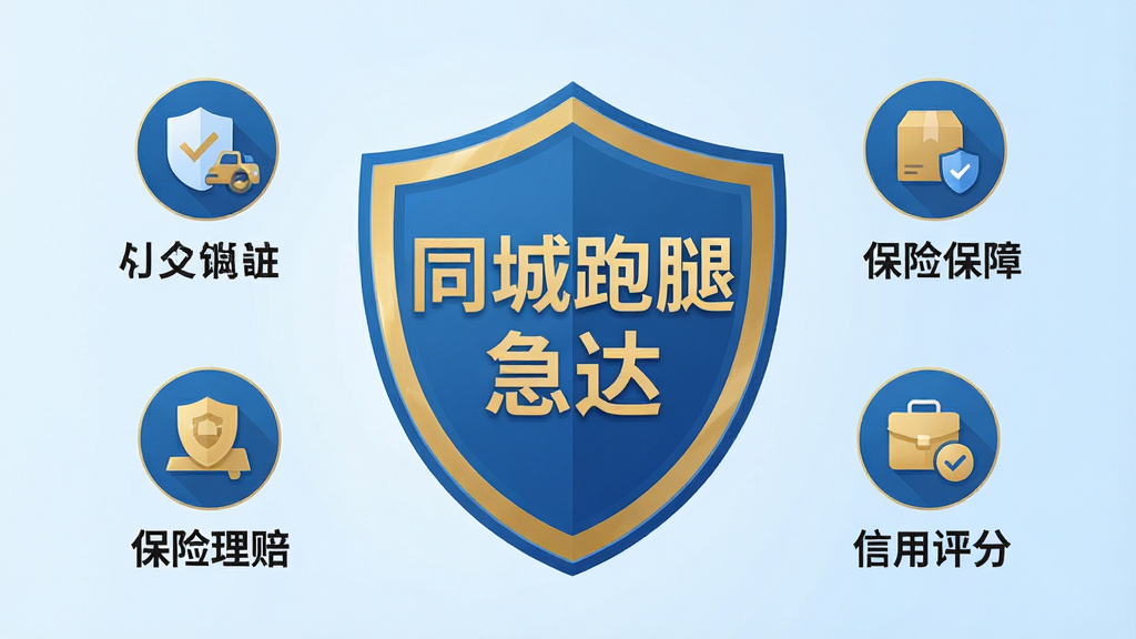 一张展示同城跑腿急达安全认证与保险保障功能的宣传图,画面中央为盾牌图标,盾牌内有