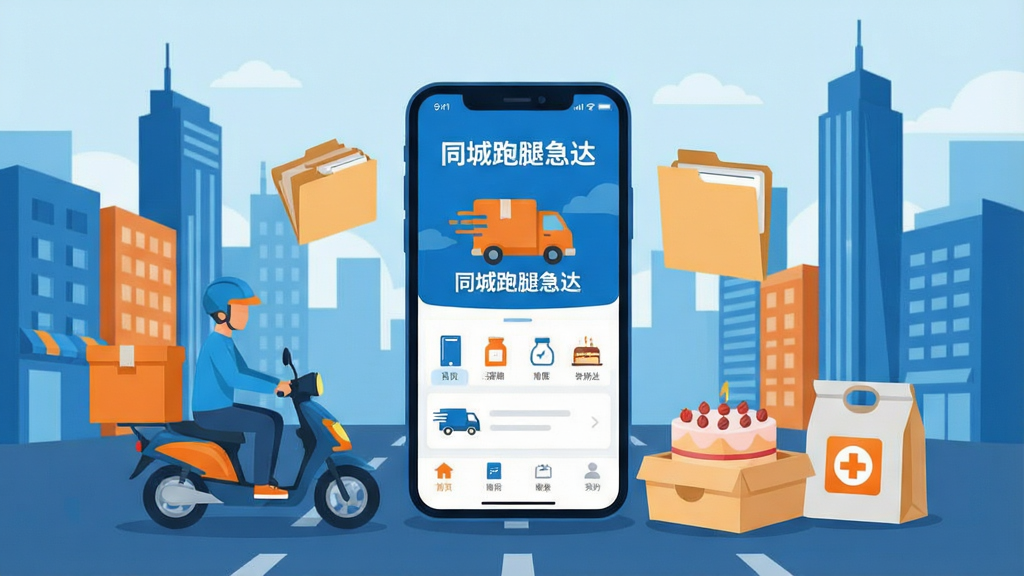 一张展示同城跑腿急达APP核心功能的全景图,画面中央为手机屏幕显示APP首页界面,界面中有