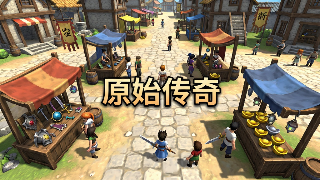 画面展示一个热闹的游戏交易市场场景,多名玩家角色摆摊设点,摊位上陈列着各种装备和元宝,背景是比奇省城的街道,画面中央用文字标注