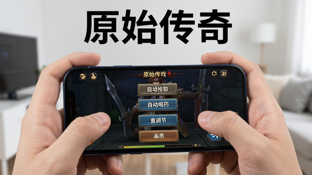 画面展示一部手机屏幕显示原始传奇游戏设置界面,界面上有自动拾取、自动喝药、画质调节等选项按钮,画面旁边有一位玩家正在操作手机,背景为简约的室内环境,画面顶部用文字标注