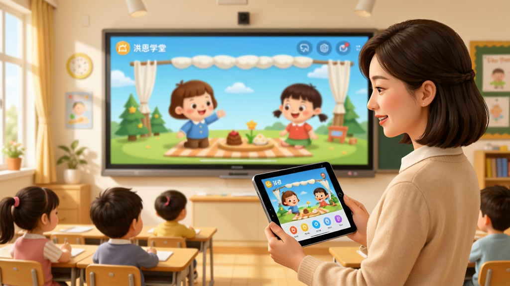 主体为一位幼教老师站在教室大屏前使用平板电脑操控洪恩学堂教师端,布局为教室场景全景,排版采用前景教师与背景大屏的层次构图,风格为温暖明亮的写实插画风,细节包括大屏上显示卡通教学动画、教师手持平板、孩子们在座位上互动,画质高清、干净、无多余元素