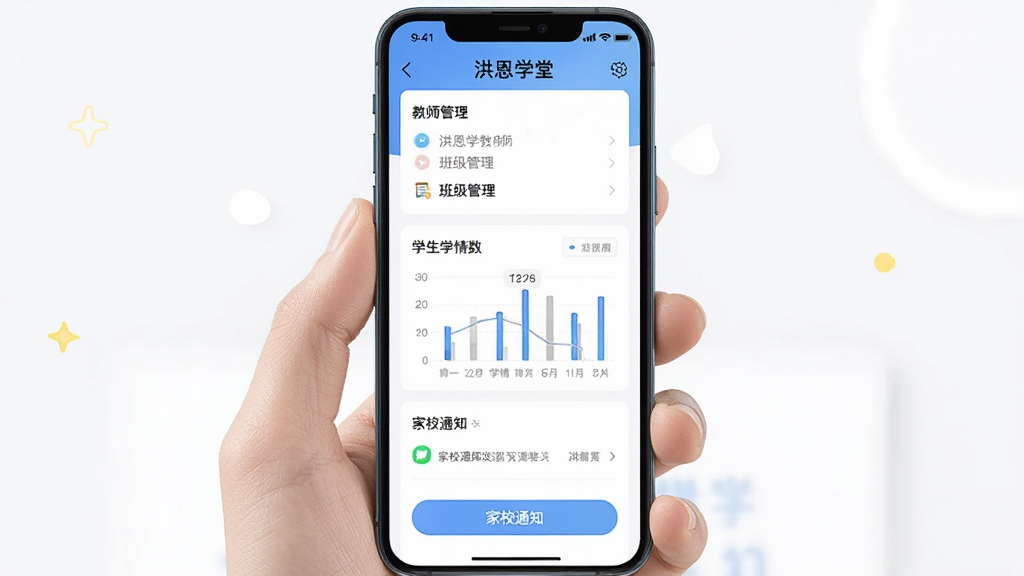 主体为洪恩学堂教师端手机界面特写,布局为手机屏幕居中展示,排版采用上下分层的卡片式布局,风格为简洁清爽的UI设计风,细节包括班级管理列表、学生学情数据图表、家校通知发送按钮等界面元素,画质高清、干净、无多余元素