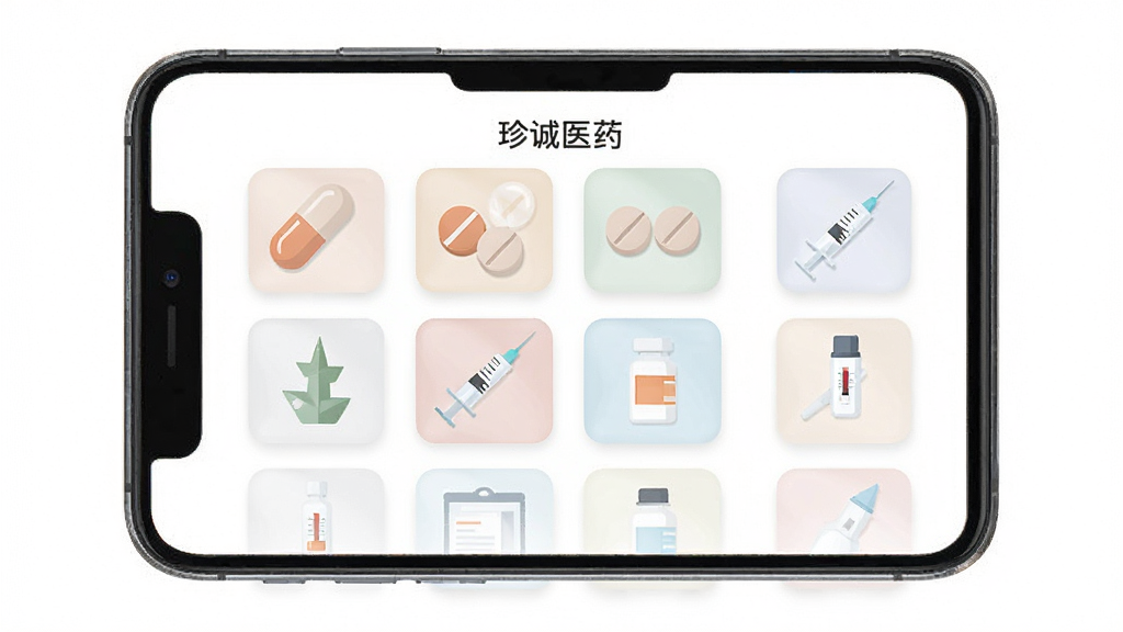 医药电商平台药品分类展示界面,画面中央为手机屏幕,屏幕上呈现