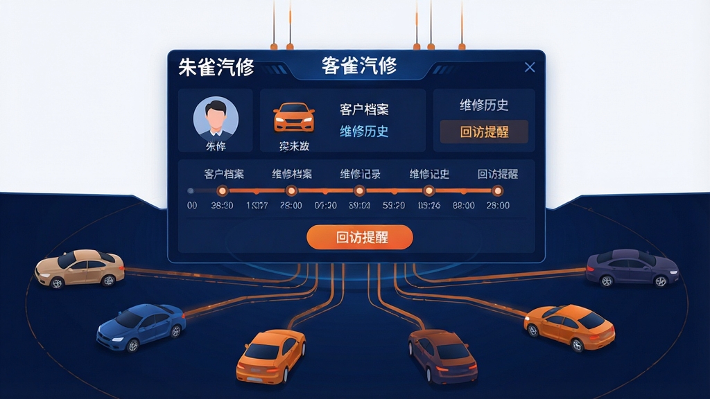 软件名称“朱雀汽修”客户档案与回访功能展示,画面中央是一块悬浮的虚拟数据面板,面板上排列着车主头像、车辆图标、维修记录时间轴和“回访提醒”按钮,面板下方延伸出多条连接线通向不同车辆;布局采用中心放射式构图;排版上数据面板占据主要视觉区域;风格为科技感数据可视化插画,主色调为深蓝与橙色;细节上面板文字显示“朱雀汽修”“客户档案”“维修历史”“回访提醒”等字样,时间轴节点清晰;画质高清,画面干净,无多余元素