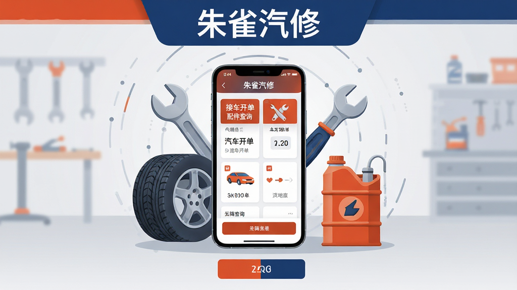 软件名称“朱雀汽修”主界面全景展示,画面中央是一部竖屏智能手机,屏幕上显示汽修工单列表与车辆信息卡片,手机周围环绕扳手、轮胎、机油桶等汽车维修元素,背景为浅灰渐变的工作间场景;布局采用中心构图,手机居中,维修工具呈环形散布;排版上方预留标题区域,下方留出功能按钮位置;风格为扁平化科技插画风,色彩以橙红、深蓝、浅灰为主;细节上手机屏幕内文字清晰显示“朱雀汽修”“接车开单”“配件查询”等字样,工具带有轻微立体质感;画质为高清2K,画面干净,无多余杂乱元素