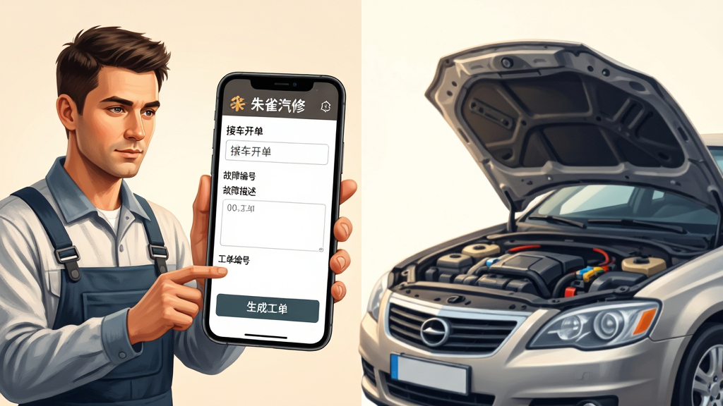 软件名称“朱雀汽修”移动接车开单场景,画面左侧是一位穿着工装的汽修技师手持手机正在录入车辆信息,画面右侧是一辆打开引擎盖的轿车,手机屏幕放大展示工单录入界面,包含车牌输入框、故障描述栏和“生成工单”按钮;布局为左右分栏,人物与车辆形成互动;排版突出手机屏幕内容,周围留白;风格为写实商业插画,色调温暖明亮;细节上手机界面文字显示“朱雀汽修”“接车开单”“工单编号”等字样,技师表情专注;画质高清,画面干净,无多余元素