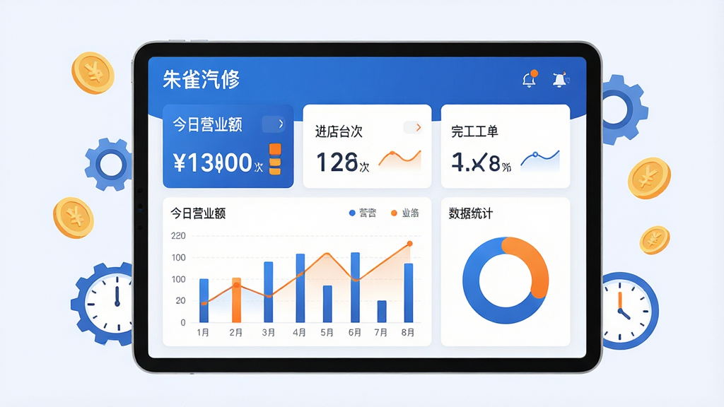 软件名称“朱雀汽修”经营数据看板界面,画面中央是一部横屏放置的平板设备,屏幕上显示柱状图、折线图和环形图组合的数据看板,图表上方有“今日营业额”“进店台次”“完工工单”等指标卡片,平板周围漂浮着金币、齿轮、时钟等经营元素;布局为居中构图,平板占据画面主体;排版上数据卡片位于屏幕上方,图表位于下方;风格为现代商务扁平插画,色调以蓝白为主,点缀橙色;细节上屏幕文字显示“朱雀汽修”“经营看板”“数据统计”等字样;画质高清,画面干净,无多余元素