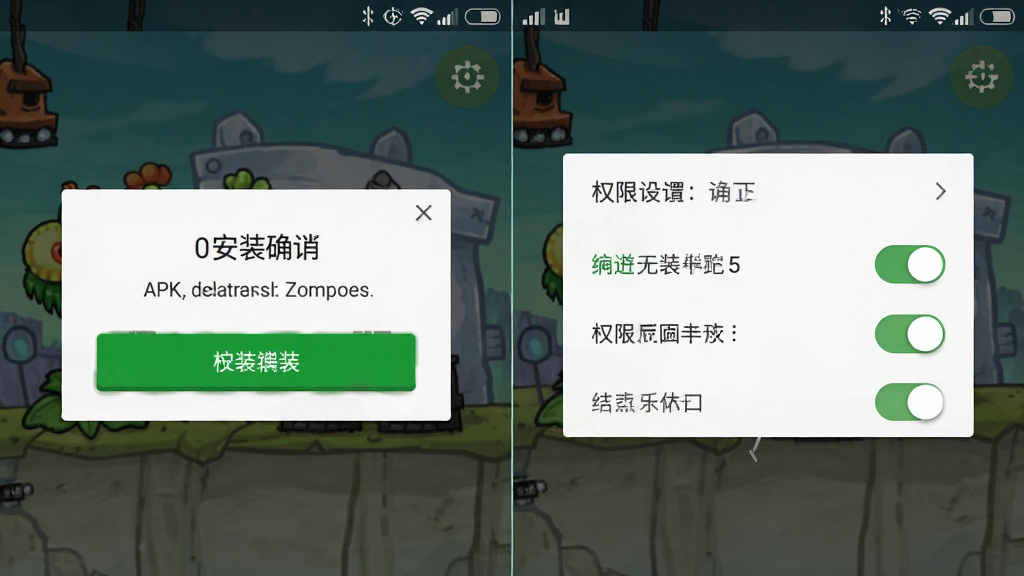 主体是植物大战僵尸融合版(无敌版)的手机安装界面与权限设置示意,布局为左侧是APK安装确认弹窗,右侧是悬浮窗权限开关页面;排版为双图并排对比,风格为系统UI截图风格;细节包括安装按钮的高亮状态、权限开关的绿色启用标识、状态栏的信号与电量图标;画质为高清,界面干净,无多余文字遮挡