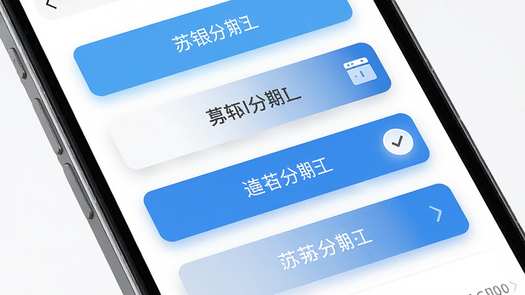 一张展示苏银消金借款周期选择界面的示意图,画面为手机屏幕特写,屏幕内呈现多个分期选项按钮,按钮旁标注对应期数,布局纵向排列整齐,风格清爽简约,细节包含选中状态的高亮效果与柔和阴影,画质高清,干净无多余元素