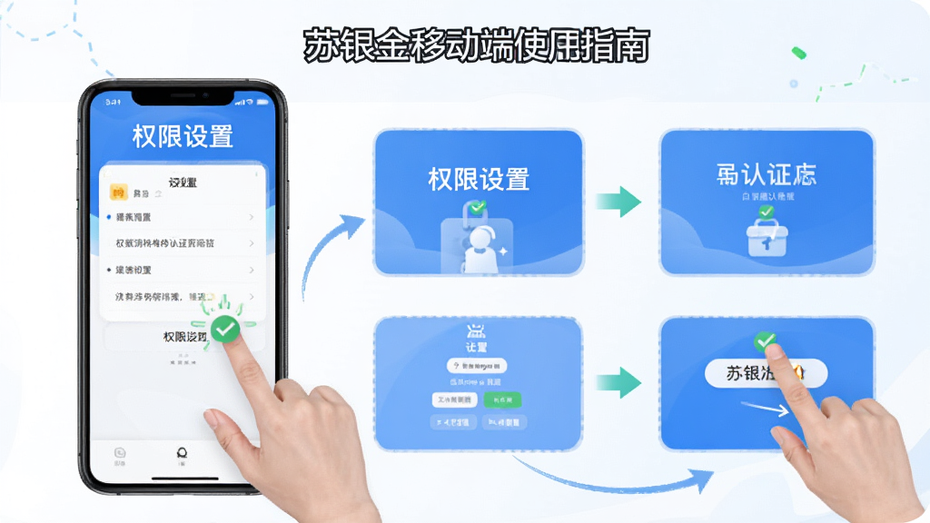 一张展示苏银消金移动端使用指南的示意图,画面为手机屏幕与操作手势的结合,屏幕内呈现权限设置与认证步骤,布局采用分步图示排列,风格简洁明快,细节包含勾选标记与箭头引导,画质清晰,干净无杂乱元素