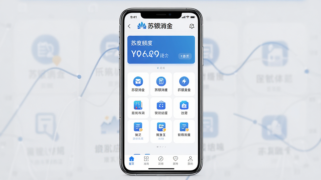 一张展示苏银消金手机应用界面的预览图,画面中央是一部竖屏智能手机,屏幕内显示苏银消金应用首页,顶部有品牌标识与额度展示区域,中部为功能图标矩阵,底部为导航栏,整体布局简洁清晰,风格现代金融科技感,细节包含浅色背景与蓝色主色调,画质高清,干净无多余元素